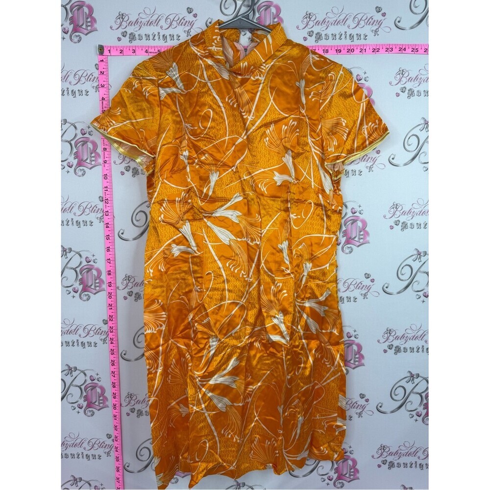 Oriental dress shiny Orange Floral Cheongsam Dress